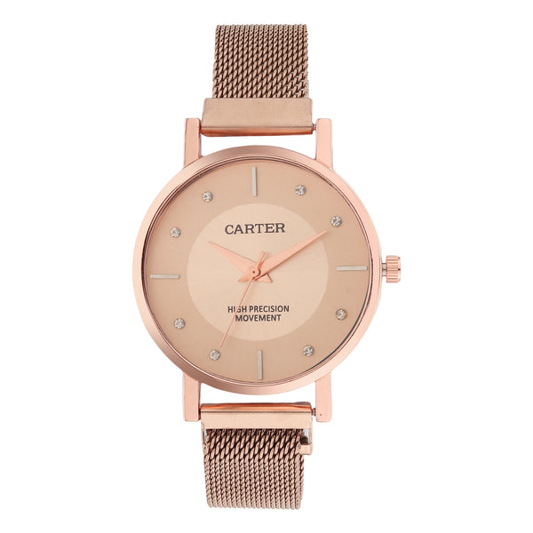 Sandy D Carter Metal Rose Gold Analogue Round Watches for Women_SDC24-75-RG-RG