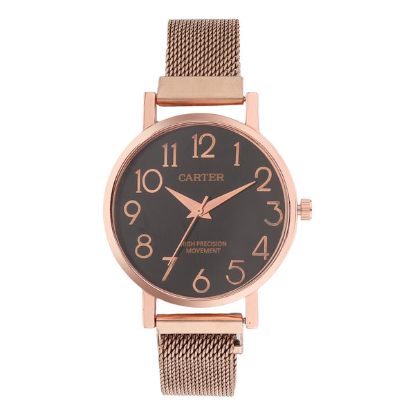 Sandy D Carter Metal Rose Gold Analogue Round Watches for Women_SDC24-74-RG-BK
