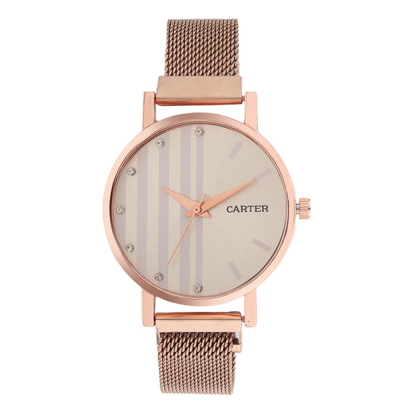 Sandy D Carter Metal Rose Gold Analogue Round Watches for Women_SDC24-74-RG-WH