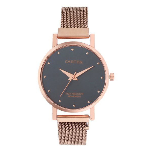 Sandy D Carter Metal Rose Gold Analogue Round Watches for Women_SDC24-77-RG-BL