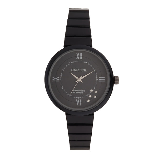 Sandy D Carter Metal Black Analogue Round Watches for Women_SDC24-64-BK