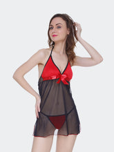 Fleurt Black-Red Forbe Lycra+Power Net Baby Doll Dress for Women HOBF-BD-0159-BKRD