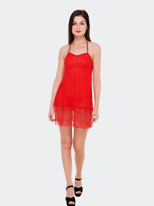 Fleurt Red Spendex Net Baby Doll Dress for Women HOBF-0147-RD