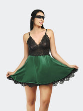 Fleurt Black-Green Satin Premium Baby Doll Dress for Women HOBF-satin frock-BK.GR