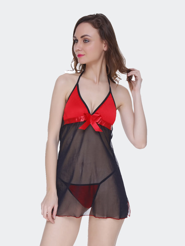 Fleurt Black-Red Forbe Lycra+Power Net Baby Doll Dress for Women HOBF-BD-0159-BKRD