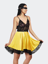 Fleurt Black-Yellow Satin Premium Baby Doll Dress for Women HOBF-satin frock-BK.YL
