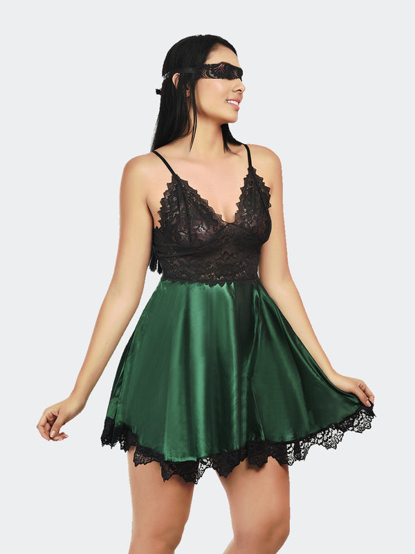 Fleurt Black-Green Satin Premium Baby Doll Dress for Women HOBF-satin frock-BK.GR