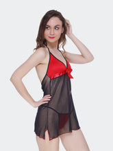Fleurt Black-Red Forbe Lycra+Power Net Baby Doll Dress for Women HOBF-BD-0159-BKRD