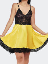 Fleurt Black-Yellow Satin Premium Baby Doll Dress for Women HOBF-satin frock-BK.YL