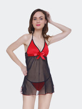 Fleurt Black-Red Forbe Lycra+Power Net Baby Doll Dress for Women HOBF-BD-0159-BKRD