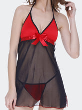 Fleurt Black-Red Forbe Lycra+Power Net Baby Doll Dress for Women HOBF-BD-0159-BKRD