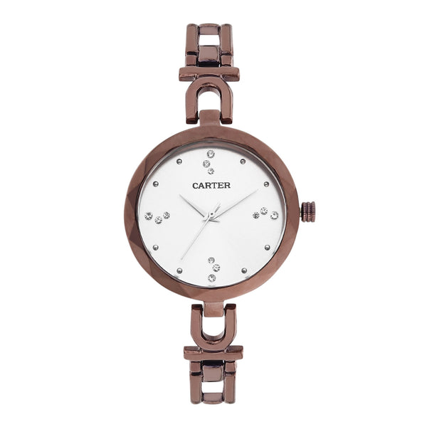 Sandy D Carter Metal White Analogue Round Watches for Women_SDC24-17-WH